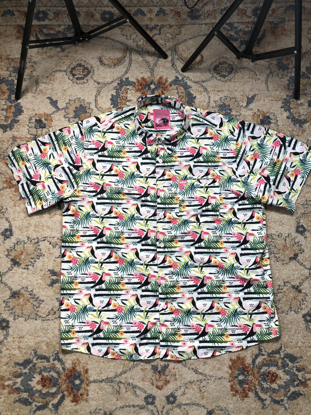 Dixxon Shirt Mens 3XL Jungle Party Tropical Toucan Button Up Short Sleeve